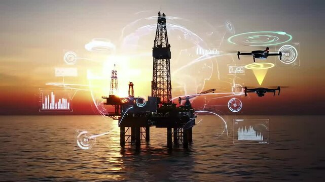 Oil rig platform at sunset monitored by drones amidst digital interfaces