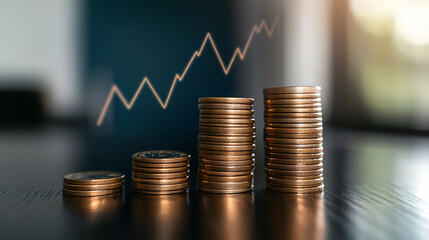 A stack of coins growing step by step with a line graph showing increasing profit.