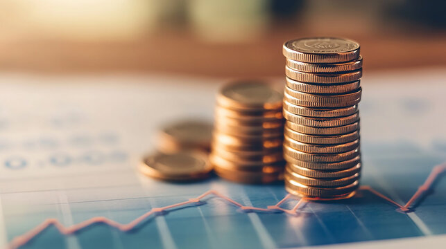 A stack of coins growing step by step with a line graph showing increasing profit.