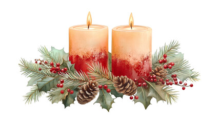 Festive Christmas Candles Holly Berries Pine Cones Winter Watercolor Painting