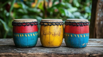 Colorful Handcrafted Drums on Rustic Wooden Table in Natural Setting