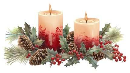 Festive Candles Holly Berries Pine Cones Watercolor Painting Winter Holiday Decor