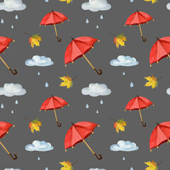 Beautiful autumn rainy seamless pattern. Red umbrellas and clouds. Rain and autumn leaves.