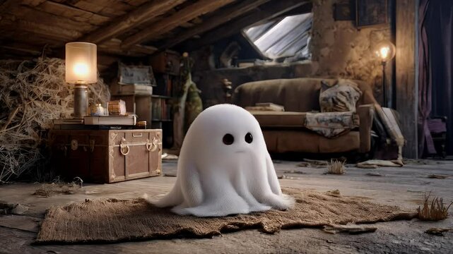 Cute fluffy ghost in rustic interior