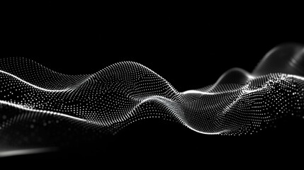 Abstract Wave Digital Particle Dynamic Background for Futuristic Tech Wallpaper, Network Design and Business Presentation with 3D Space Flow and Geometric Grid Structure in Dark Energetic Texture
