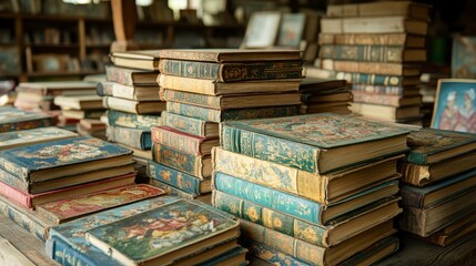 Fototapeta premium Stacks of Antique Books in a Vintage Library Setting