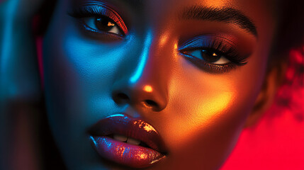 A woman with bold makeup and vivid lighting looking into the camera with confidence.