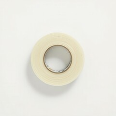 A roll of tape is sitting on a white background. The tape is white and has a clear plastic covering