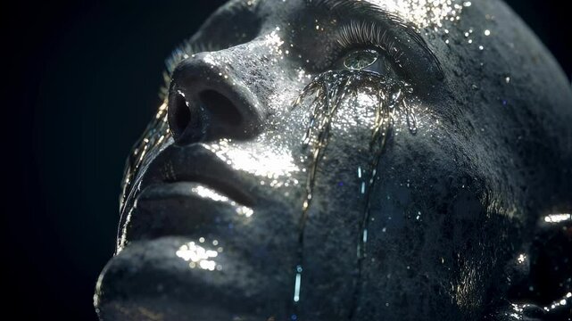 Metallic mannequin head glistening with wet surface, streaming luminescent tears down synthetic face, symbolizing profound emotional depth and technological poignancy