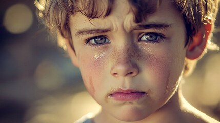 Obraz premium A young boy crying with tears on his cheeks, captured in a quiet emotional moment.