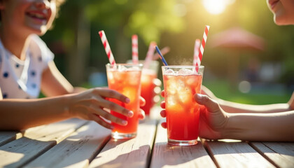 Refreshing summer drinks shared outdoors with friends during Fourth of July celebration, joyful holiday atmosphere.