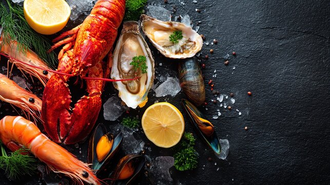 Fresh Seafood Platter with Lobsters, Oysters, Shrimps and Lemons on Ice