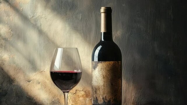 Red wine bottle and glass in sunlit setting