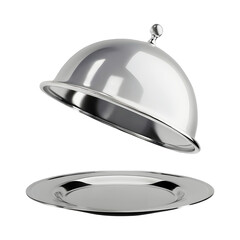 Round serving plate with shiny silver cloche on transparent background