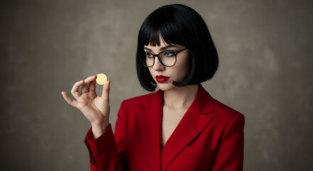 Obraz premium Woman in Red Blazer Examining a Gold Coin Cryptocurrency Investment Concept