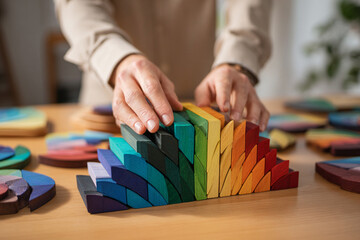 Fototapeta premium Creative construction with colorful wooden blocks in a bright indoor space