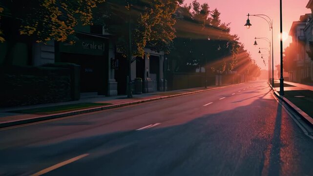 Deserted wet city street is bathed in soft warm glow early morning sunrise light, reflecting on pavement, evoking serene peaceful urban moment new day begins here