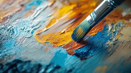 Fototapeta premium Close-Up View of Brush on Colorful Oil Paint Texture in Art Studio