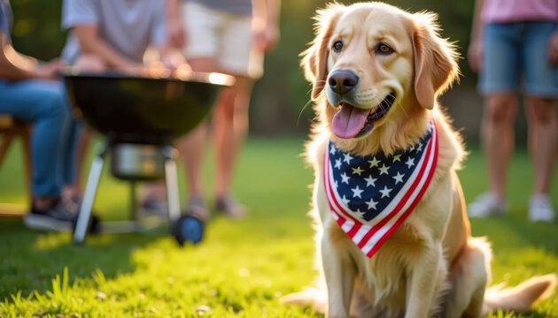 Golden retriever in patriotic bandana near barbecue grill, festive Fourth of July celebration in backyard - Powered by Adobe