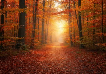 A serene forest path surrounded by vibrant autumn foliage. Sunlight filters through the trees, illuminating the colorful leaves on the ground.