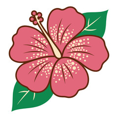 Pink Hibiscus Flower with Green Leaf, Tropical Hibiscus Blossom Illustration, Vibrant Floral Design with Central Stamen