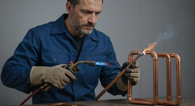 Man using blowtorch to solder copper pipes in workshop setting  