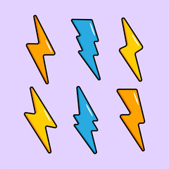 Colorful Lightning Bolt illustration vector set. Retro Cartoon Style on Pastel Background