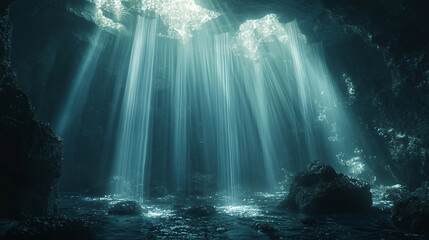 Ethereal Light Streaming Through Ocean Cave with Serene Water Effects