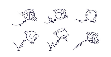 Ball bounce. Arrows doodle set. Baseball, tennis