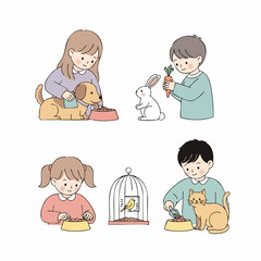 Flat Illustration of Children Interacting with Their Beloved Domestic Animal Companions