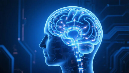 Fototapeta premium Neural Data Flow Inside Transparent Brain, Sci-Fi Tech Concept
