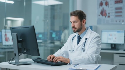 Doctor in a lab coat working on a computer in a modern medical facility