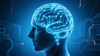 Obraz premium Neural Data Flow Inside Transparent Brain, Sci-Fi Tech Concept