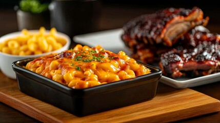 American comfort dish with baked mac and cheese and BBQ ribs on the side