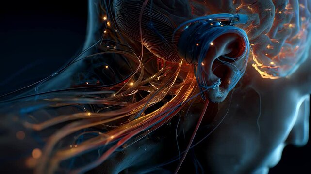 Medical animation showing glowing nerve paths transmitting auditory signals from a cochlear implant to the brain, highlighting the complex interplay between technology and biology
