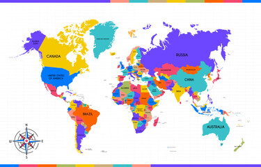 Obraz premium Colorful Political World Map Vector with Country Labels for Presentations. SVG infographics.