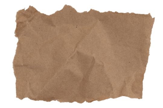 Brown butcher paper ripped and crumpled rectangle isolated on white