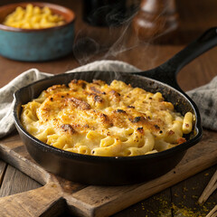 Creamy mac and cheese in a cast iron skillet with a golden crust.