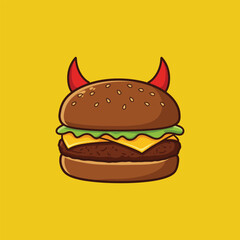 Funny cartoon hamburger with devil horns, bold flat design, vivid yellow backdrop. Perfect for satirical food art, playful burger graphics, or humorous culinary concepts.