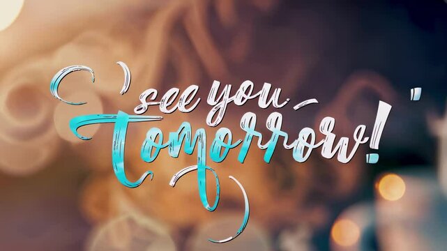 Glowing see you tomorrow lettering in blue swirls signals hopeful farewell anticipation comfort positive waiting for connection