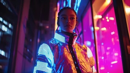 Neon-lit city street portrait of a young woman in a futuristic, light-up jacket - Powered by Adobe