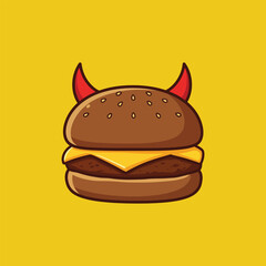Funny cartoon hamburger with devil horns, bold flat design, vivid yellow backdrop. Perfect for satirical food art, playful burger graphics, or humorous culinary concepts.