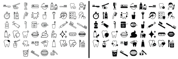 Essential Oral Hygiene Icons: A comprehensive collection of dental care icons, encompassing a range of tools and practices essential for maintaining optimal oral health.