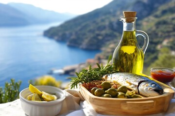 Mediterranean Diet olive oil fresh fish whole grain sunny landscape