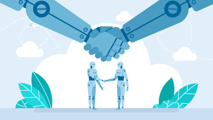 Two robots shaking hands. Close-up of robotic hands. Partnership, Handshake between robots. Handshake two robots. Collaboration between artificial intelligence. Robotization. Vector illustration
