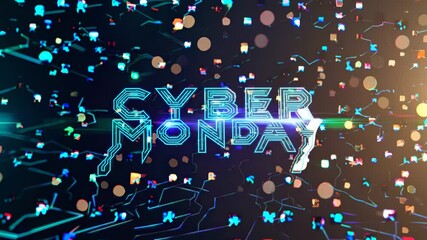 Cyber Monday 3D glowing text with dazzling confetti celebrates online shopping modern tech deals savings digital retail festive internet energy celebration