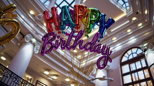 Large colorful HAPPY BIRTHDAY balloons float inside bright upscale hall with festive ambiance, birthday celebration focus, event scene