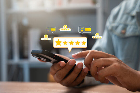 Online customer satisfaction Survey service concept, client rate service from experience in application,Consumer give five-Stars and feedback review for quality, Business reputation ranking from buyer