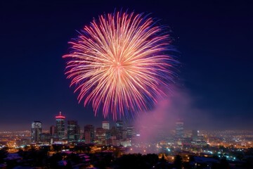 Fototapeta premium Fireworks over modern city at dusk, ideal for 4th of July advertisements, social media or festive backdrops