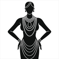 (layered Necklaces) Vector Silhouette of a Woman Adorned with Exquisite Pearl Jewelry/A striking black and white silhouette of a woman, showcasing a lavish display of pearl necklaces and earrings.